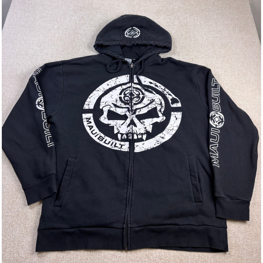 Maui Built Mens 2XL Black Full Zip Hoodie Distressed Skull Graphic Sweatshirt